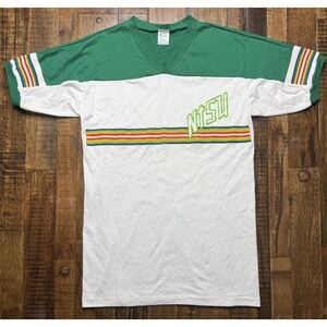 Vintage 80s Champion NTSU V Neck TShirt Green White Rainbow Stripes